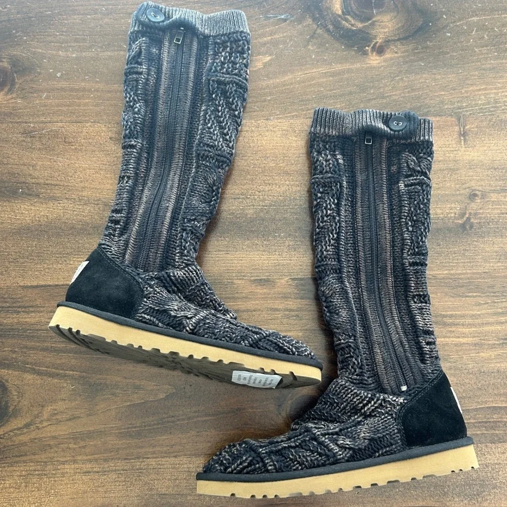 UGG Australia Patchwork Knit Lattice Cardy Charcoal Grey Tall Boots 1001020 Sz 7